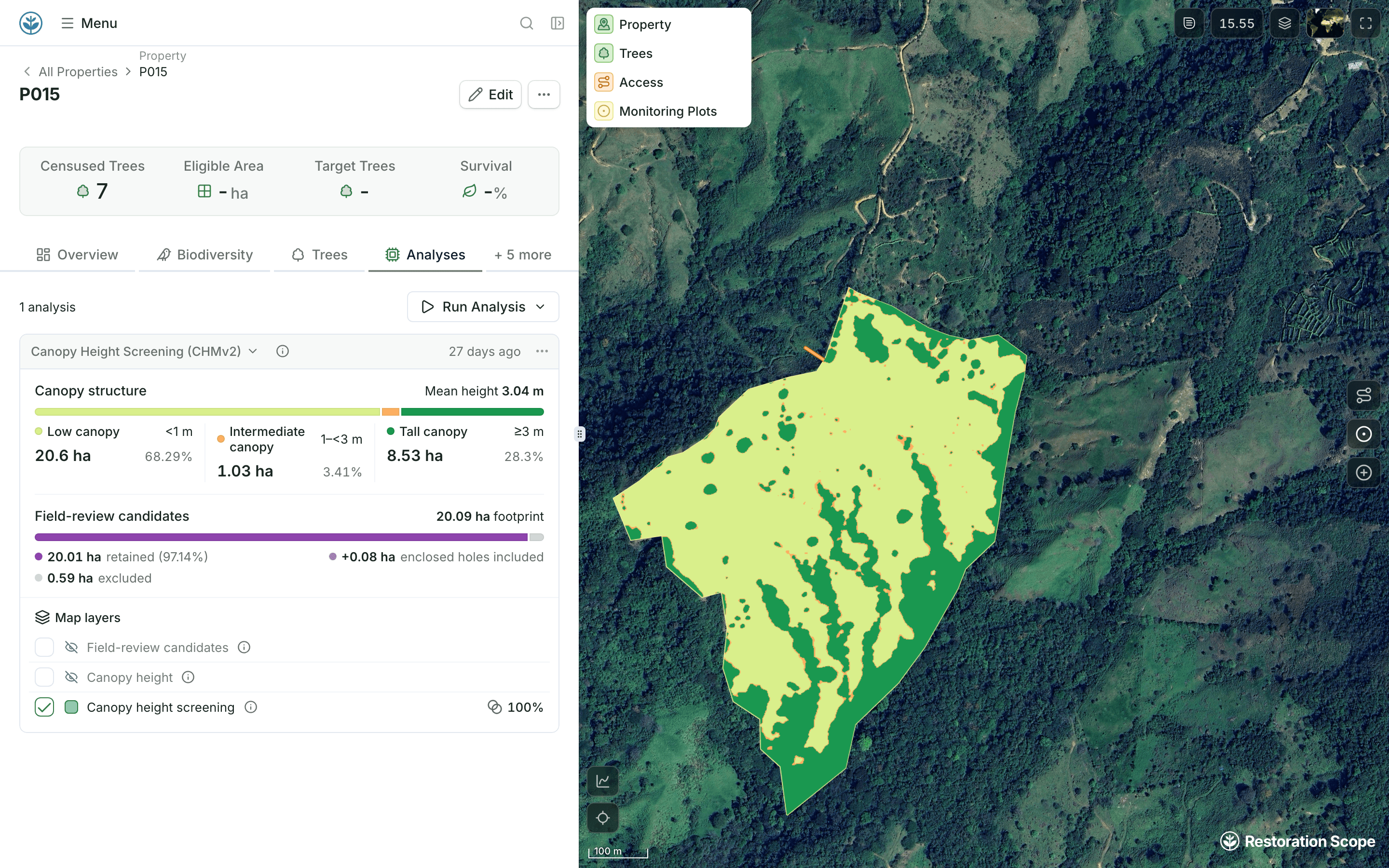 Demo property P015: its canopy height screening result, low, intermediate and tall canopy in hectares, beside the same classes clipped to its boundary on the satellite map