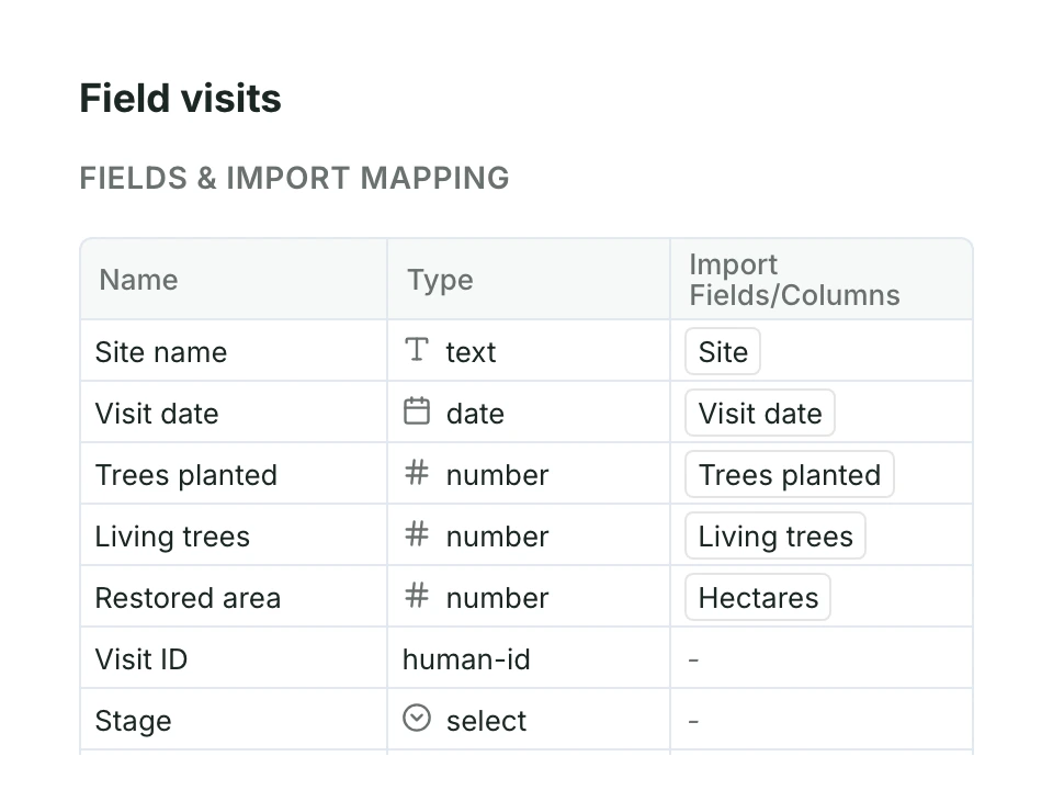 Field visits form settings: each field with its type and the spreadsheet column it imports from
