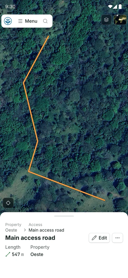 Demo access record Main access road on Android: the road drawn as a line on the satellite map, its length 547 m and its property Oeste below