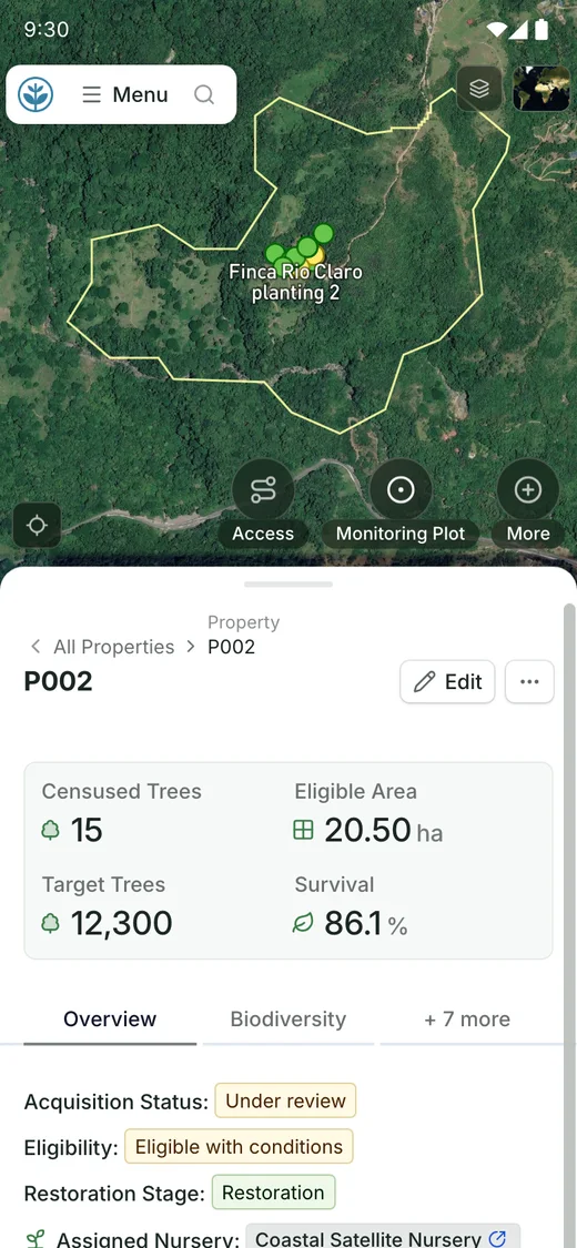 Demo property P002 on Android: its boundary and planting plots on the map above the property record